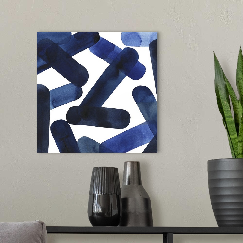 A modern room featuring Square abstract of blue elongated shapes falling over a white background.