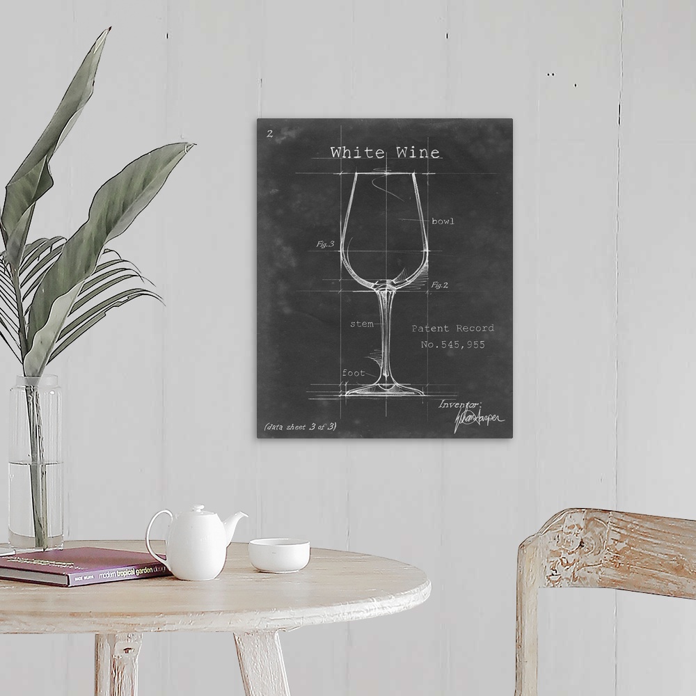 A farmhouse room featuring Blueprint style artwork of a cocktail recipe perfect for a kitchen or home bar.