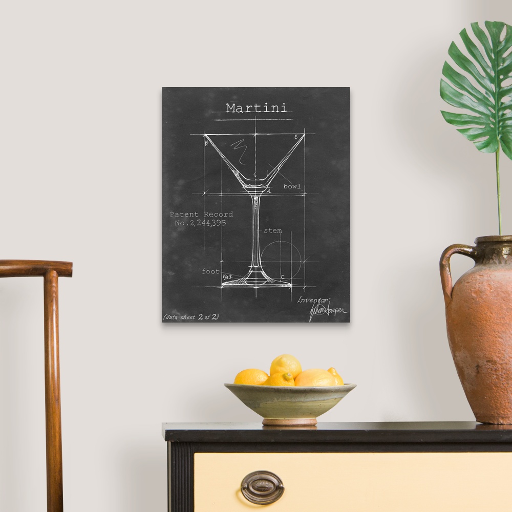 A traditional room featuring Blueprint style artwork of a cocktail recipe perfect for a kitchen or home bar.