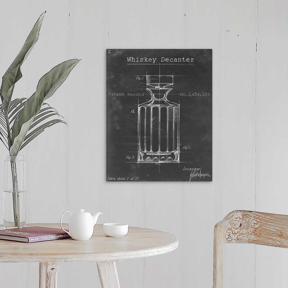 A farmhouse room featuring Blueprint style artwork of a cocktail recipe perfect for a kitchen or home bar.