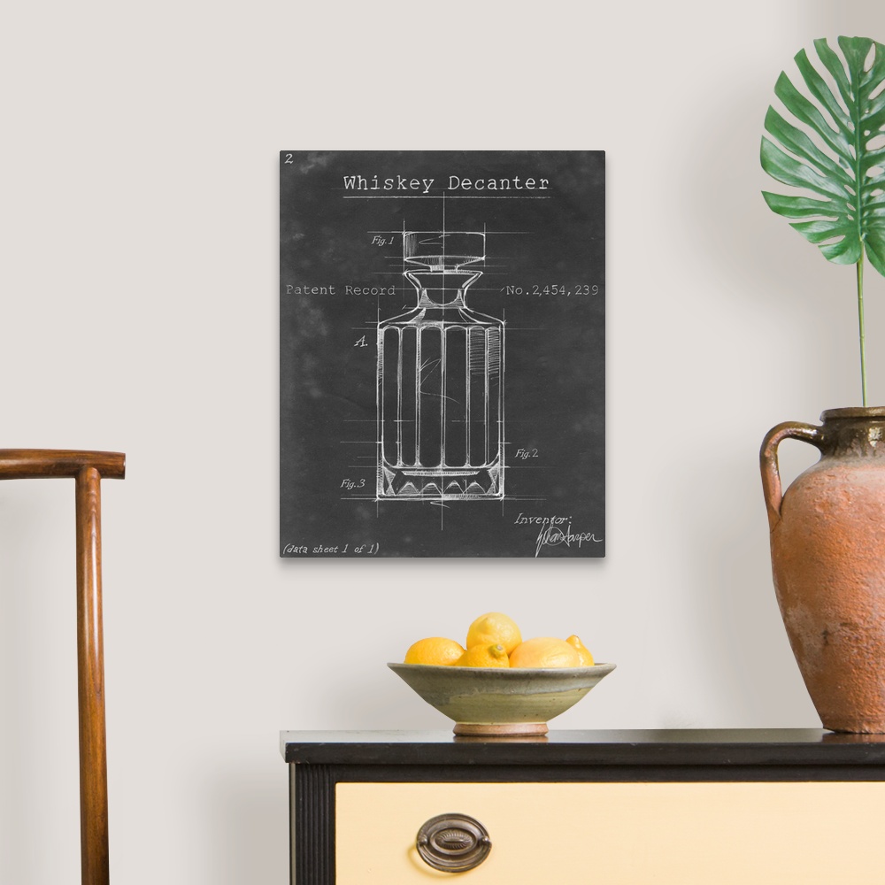 A traditional room featuring Blueprint style artwork of a cocktail recipe perfect for a kitchen or home bar.