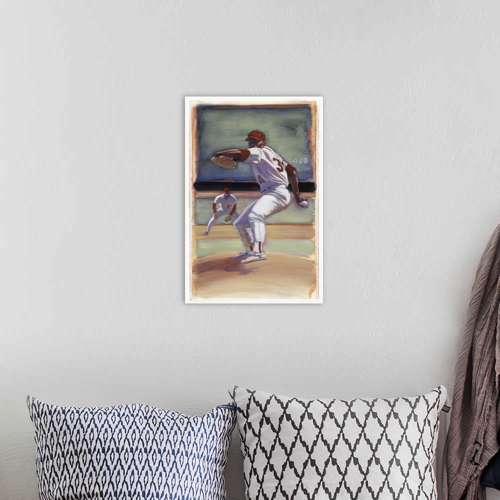 A bohemian room featuring Decorative image of a baseball pitcher getting ready to throw the ball during a game, bordered wi...