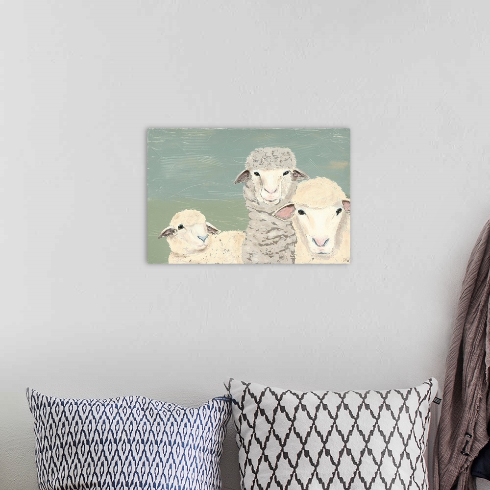 A bohemian room featuring Three poised sheep over a blue and green textured background stare at the viewer in this contempo...