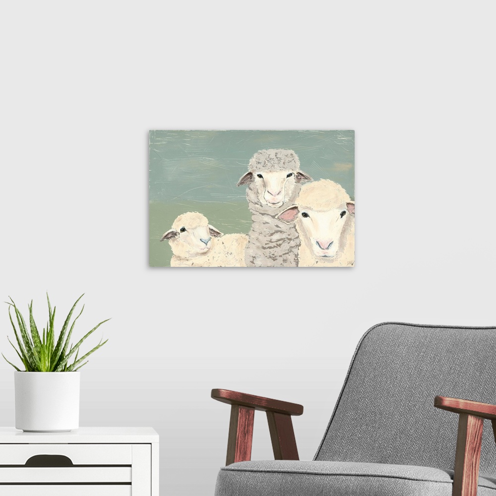 A modern room featuring Three poised sheep over a blue and green textured background stare at the viewer in this contempo...