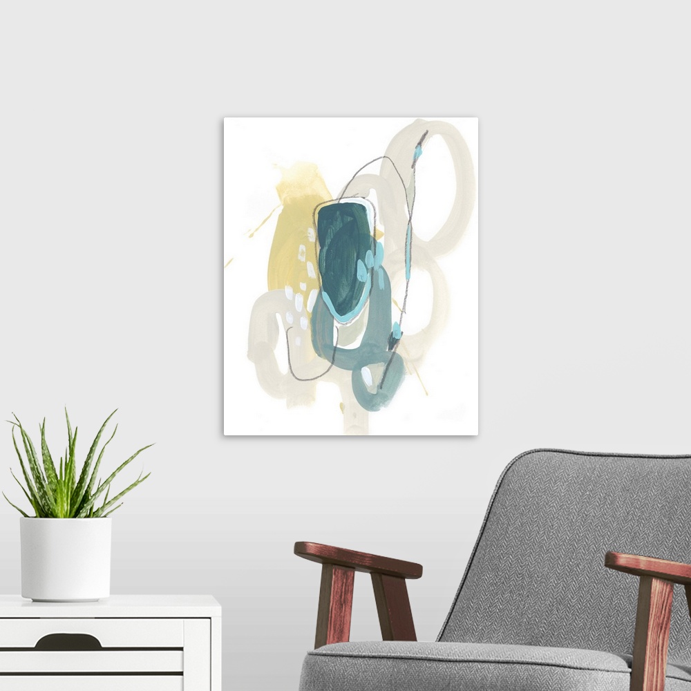 A modern room featuring A vertical abstract of unrefined brush strokes in blue and neutral colors and gestural lines over...
