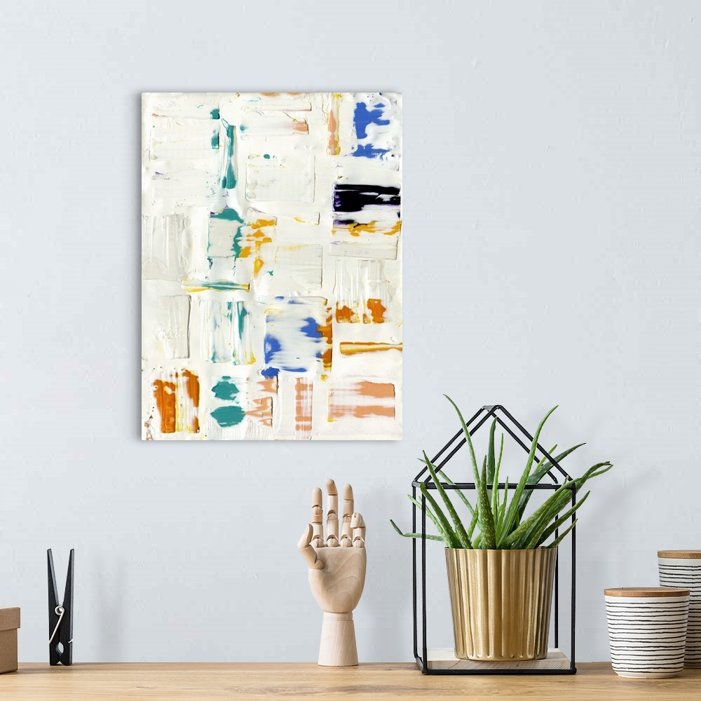 A bohemian room featuring In this abstract artwork, the artist has scraped away the top layer of paint to expose bright str...