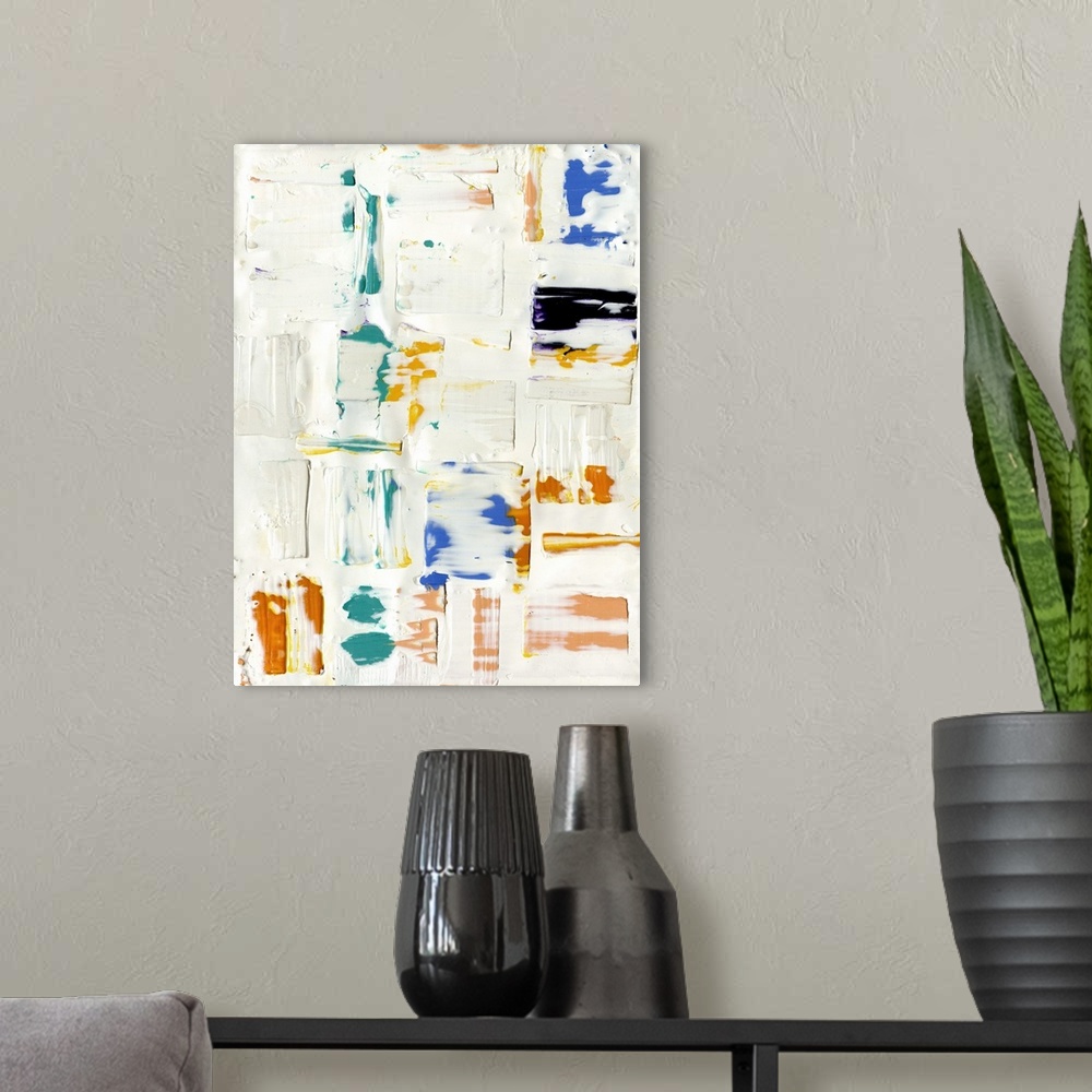 A modern room featuring In this abstract artwork, the artist has scraped away the top layer of paint to expose bright str...