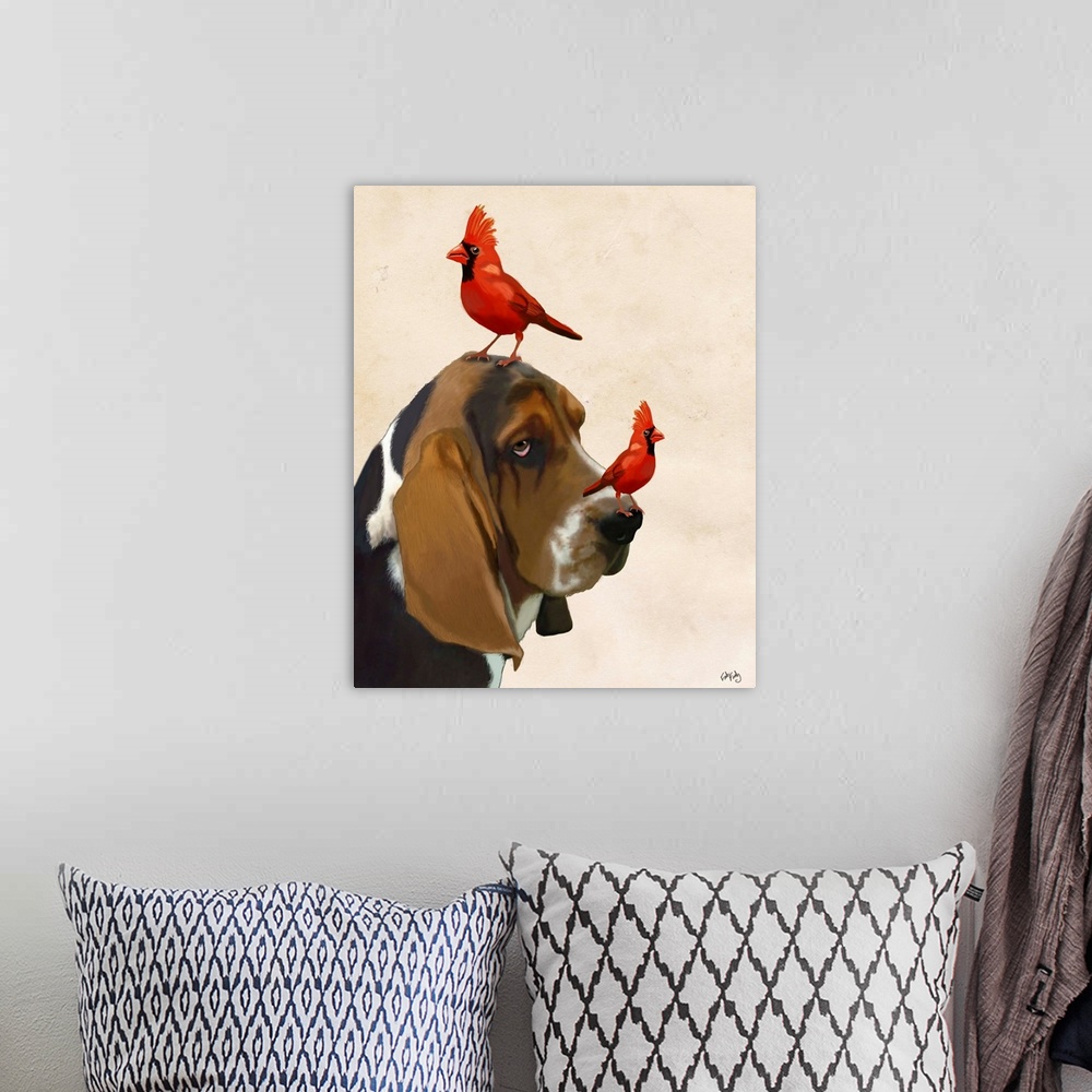 A bohemian room featuring Basset Hound and Birds