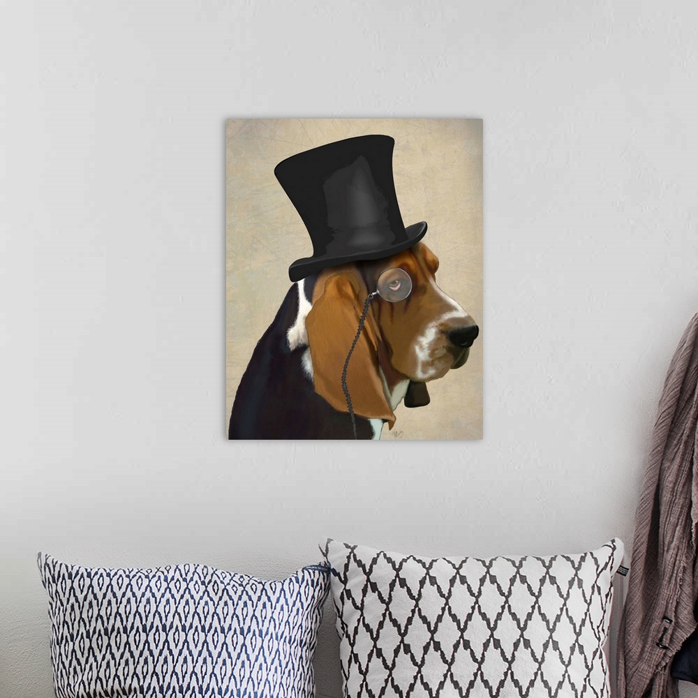 A bohemian room featuring A sharp-dressed basset hound wearing a monocle and top hat.
