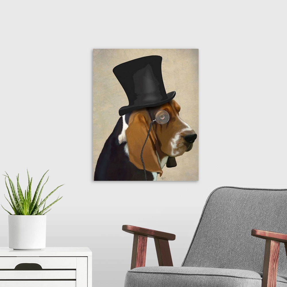 A modern room featuring A sharp-dressed basset hound wearing a monocle and top hat.