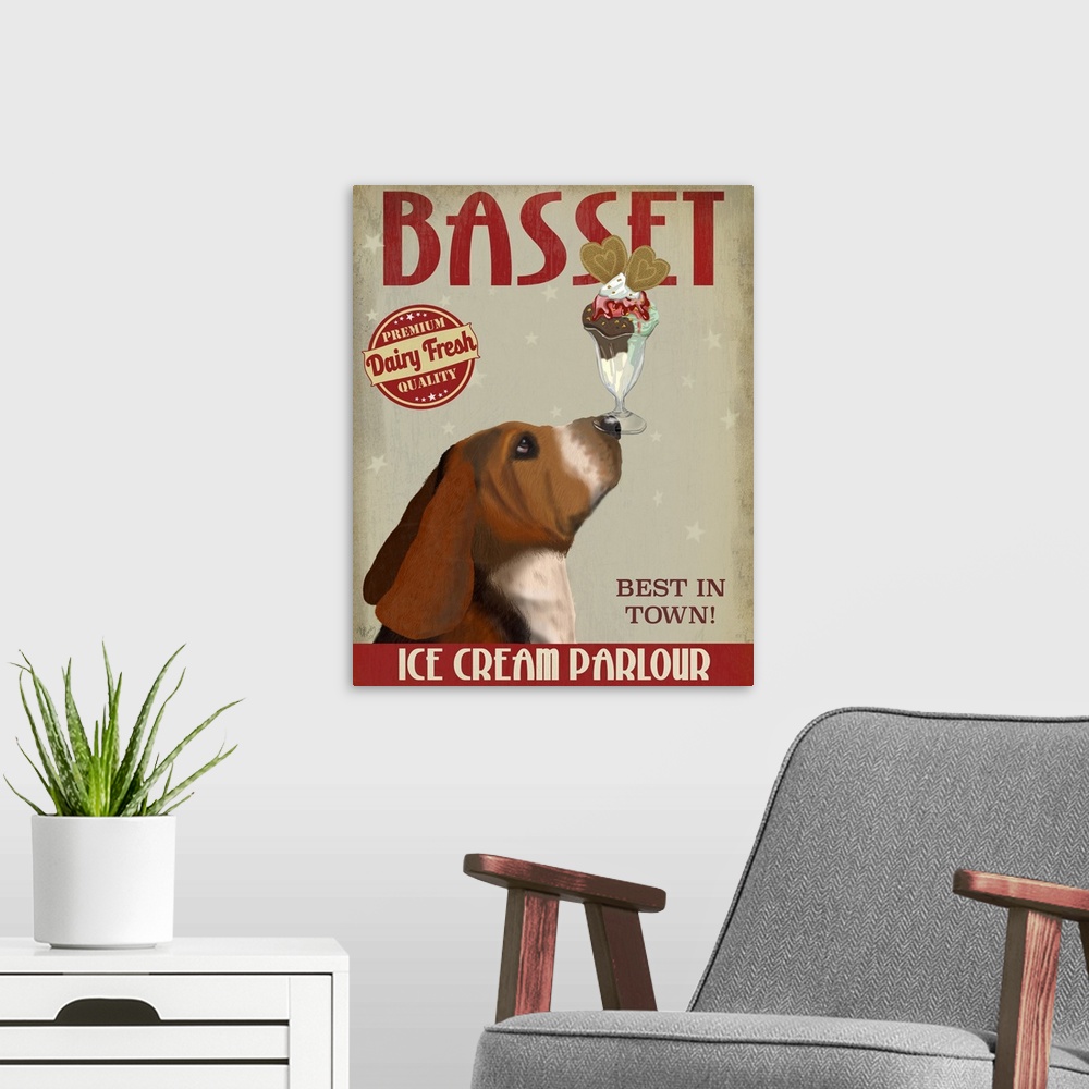 A modern room featuring Decorative artwork of a Basset Hound balancing an ice cream sundae on its nose in an advertisemen...