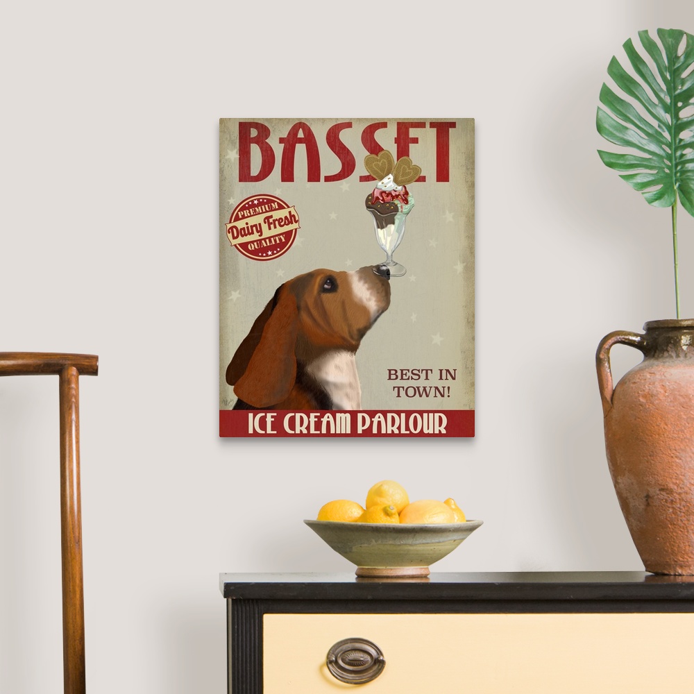 A traditional room featuring Decorative artwork of a Basset Hound balancing an ice cream sundae on its nose in an advertisemen...