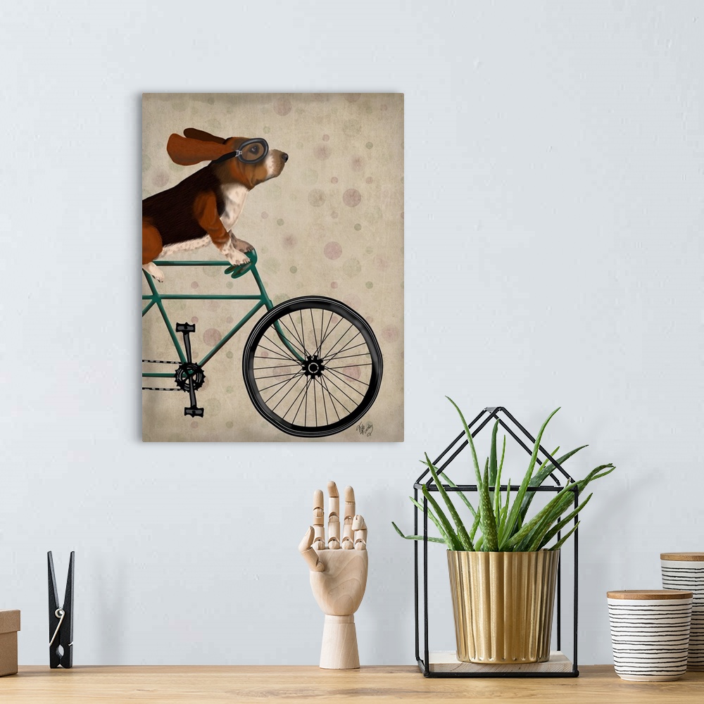 A bohemian room featuring Decorative artwork of a Basset Hound riding on a bicycle wearing goggles, on a light polka dotted...