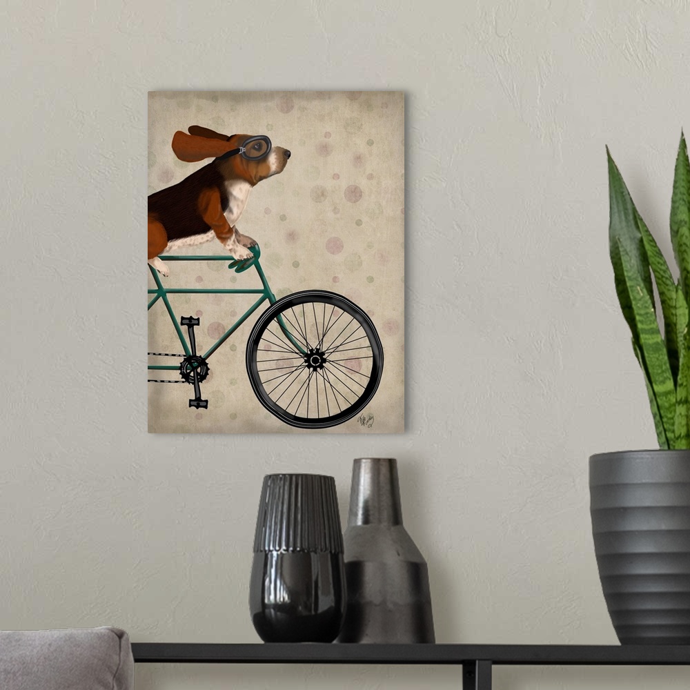 A modern room featuring Decorative artwork of a Basset Hound riding on a bicycle wearing goggles, on a light polka dotted...