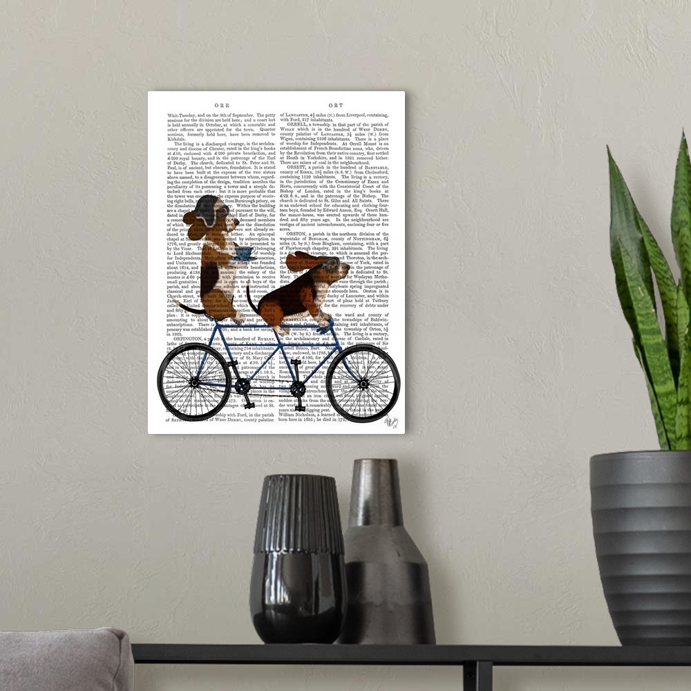 A modern room featuring Decorative artwork of two Basset Hounds riding a tandem bicycle, painted on the page of a book.
