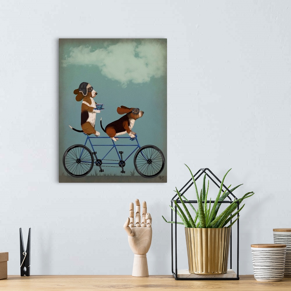 A bohemian room featuring Decorative artwork of two Basset Hounds riding on a tandem bicycle, with the one in the back drin...