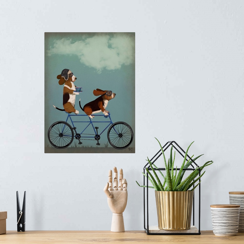 A bohemian room featuring Decorative artwork of two Basset Hounds riding on a tandem bicycle, with the one in the back drin...