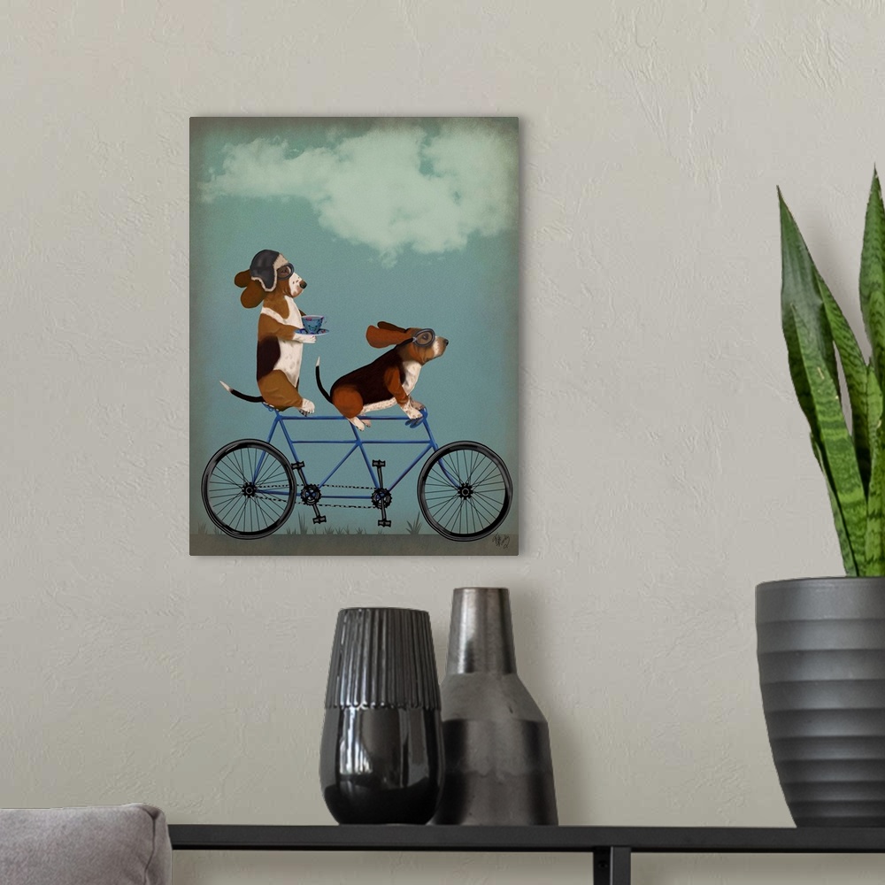 A modern room featuring Decorative artwork of two Basset Hounds riding on a tandem bicycle, with the one in the back drin...