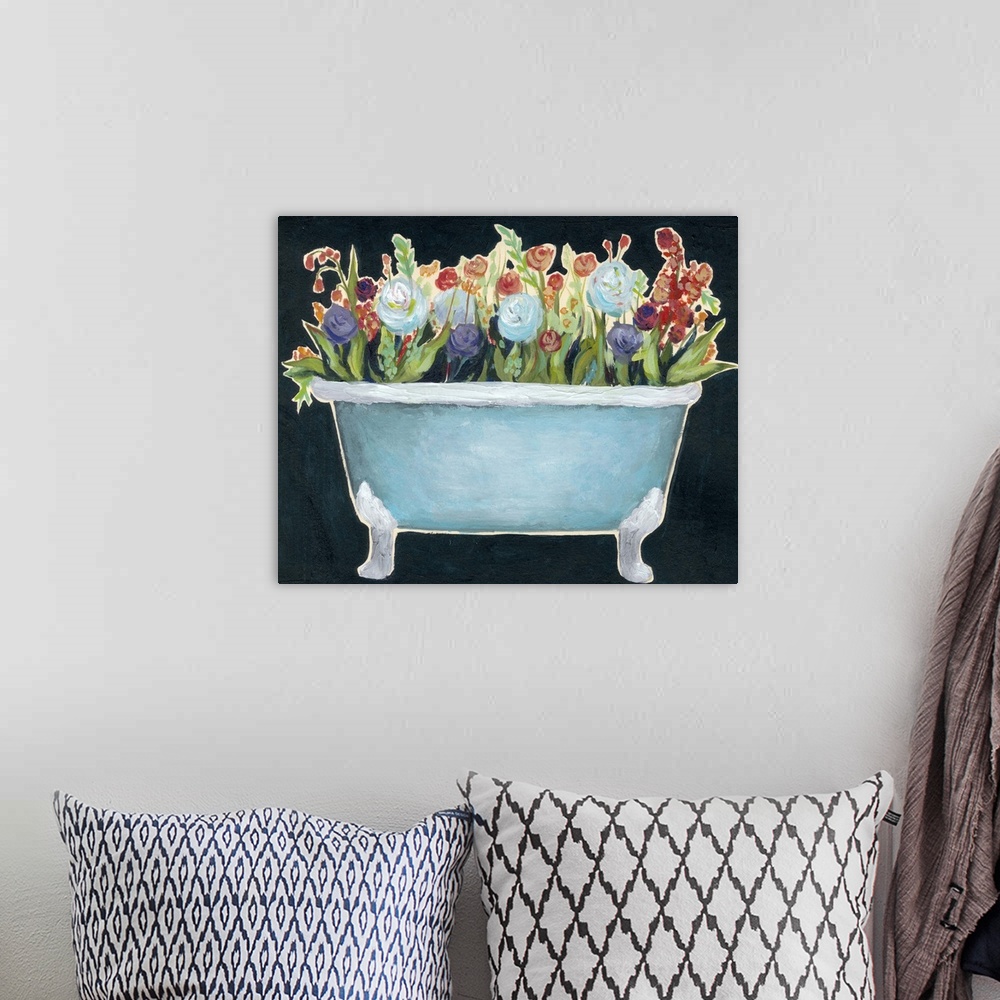 A bohemian room featuring Contemporary painting of a blue bathtub filled with colorful flowers against a dark blue background.
