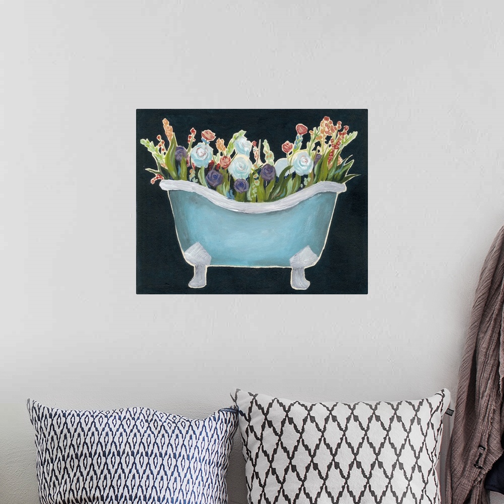 A bohemian room featuring Contemporary painting of a blue bathtub filled with colorful flowers against a dark blue background.