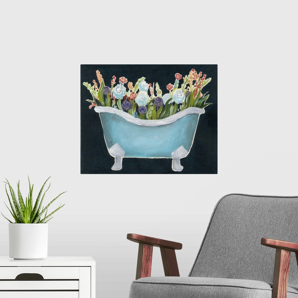 A modern room featuring Contemporary painting of a blue bathtub filled with colorful flowers against a dark blue background.