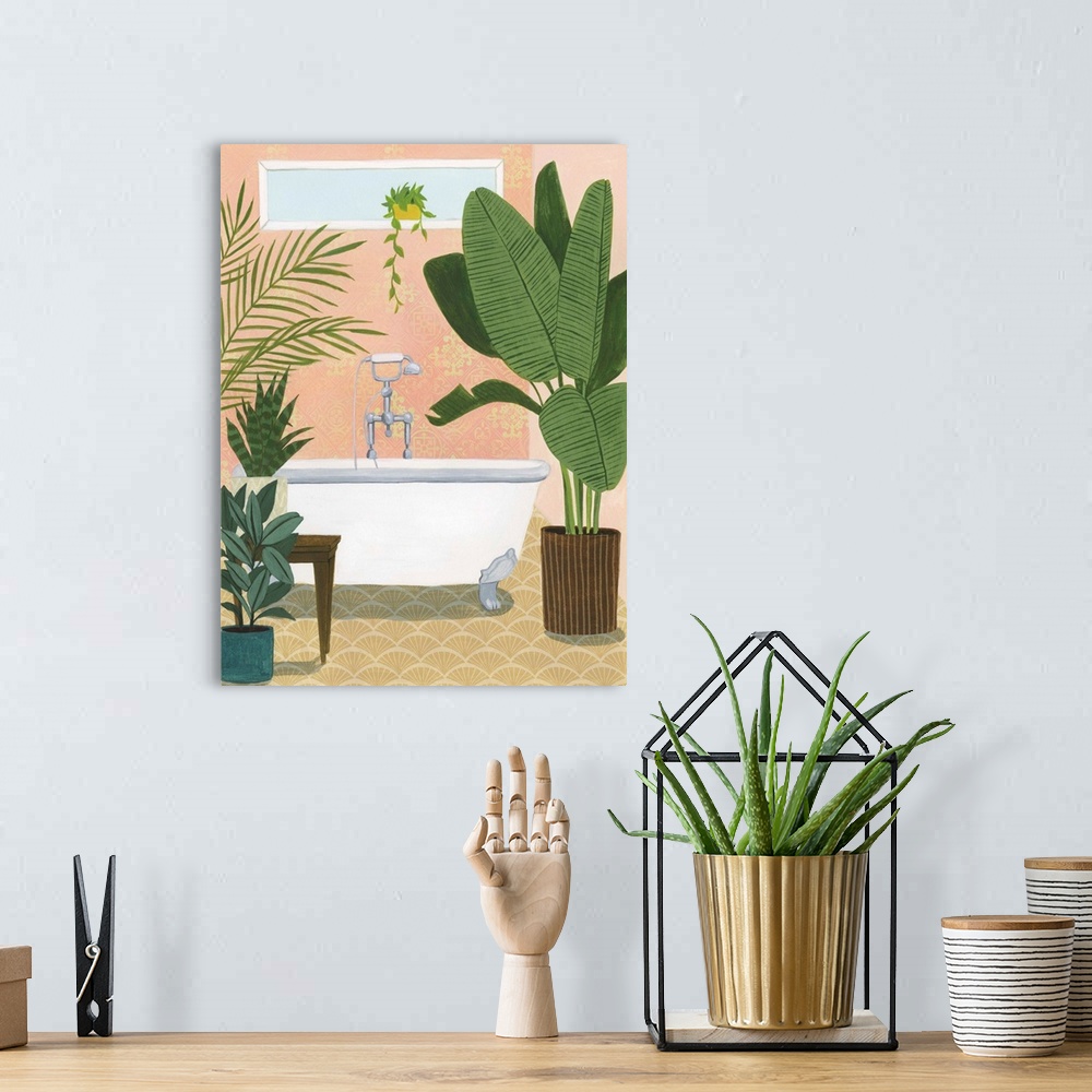 A bohemian room featuring Fun contemporary painting of a bathroom decorated with bright green foliage.