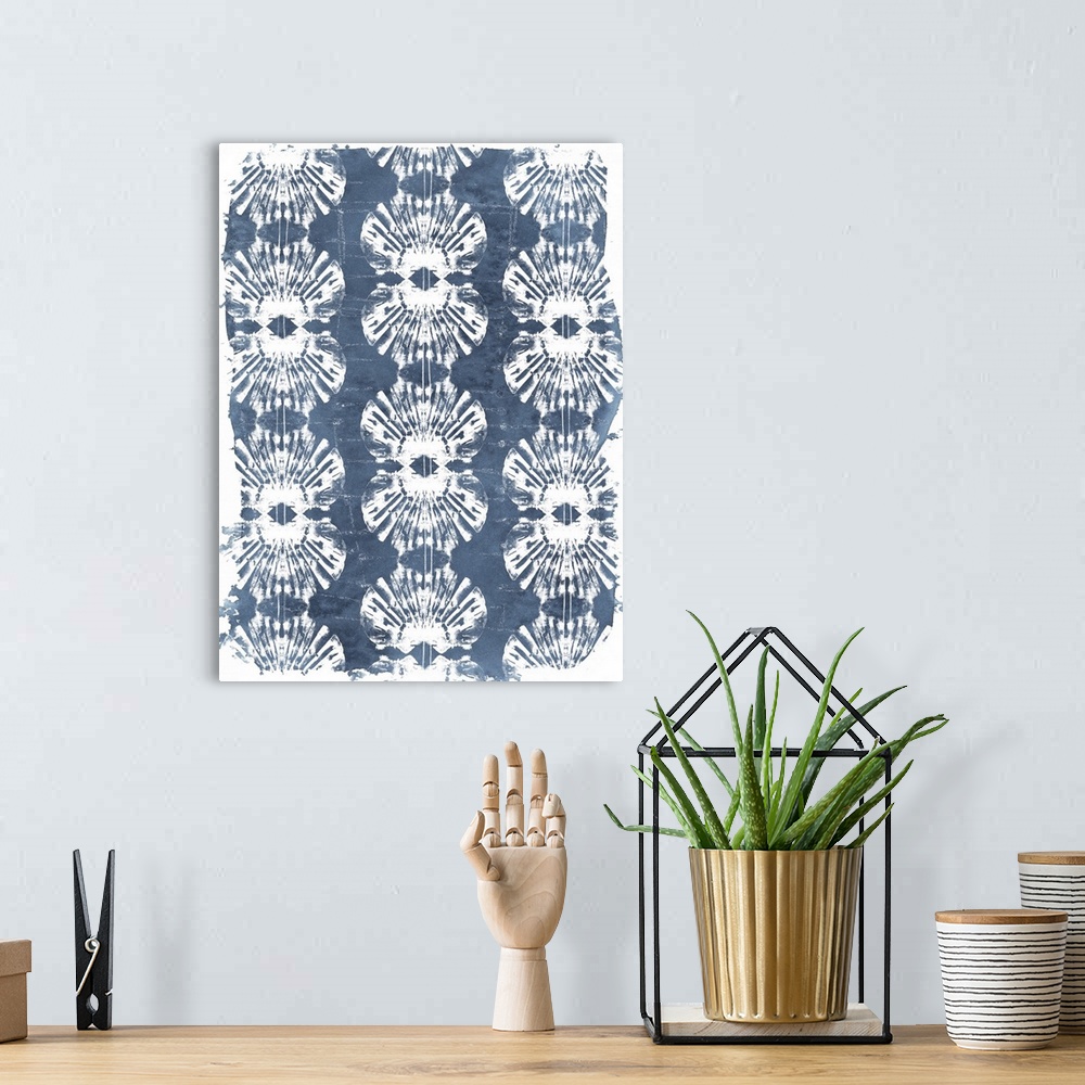 A bohemian room featuring Contemporary blue and white seashell imagery pattern artwork.