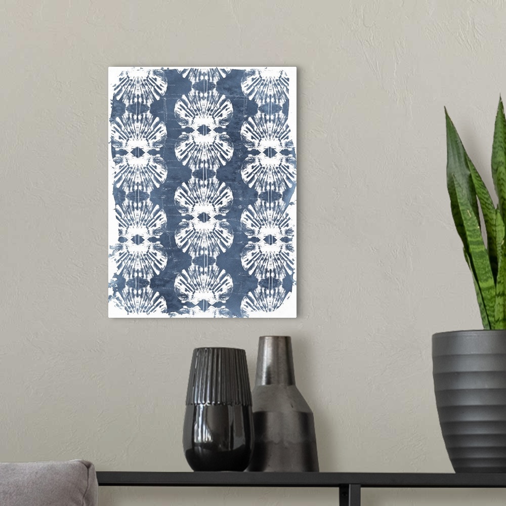 A modern room featuring Contemporary blue and white seashell imagery pattern artwork.