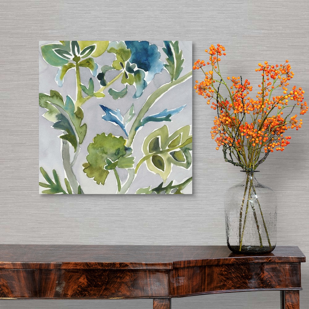 A traditional room featuring Watercolor painting of delicate vines and floral accents against a soft gray background.