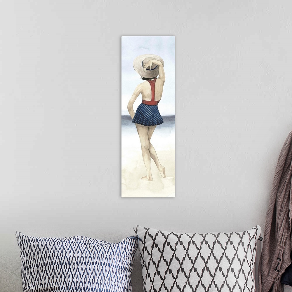 A bohemian room featuring Watercolor portrait of a beautiful woman wearing a large hat, posing on the beach.
