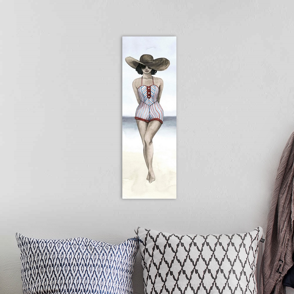 A bohemian room featuring Watercolor portrait of a beautiful woman wearing a large hat, posing on the beach.