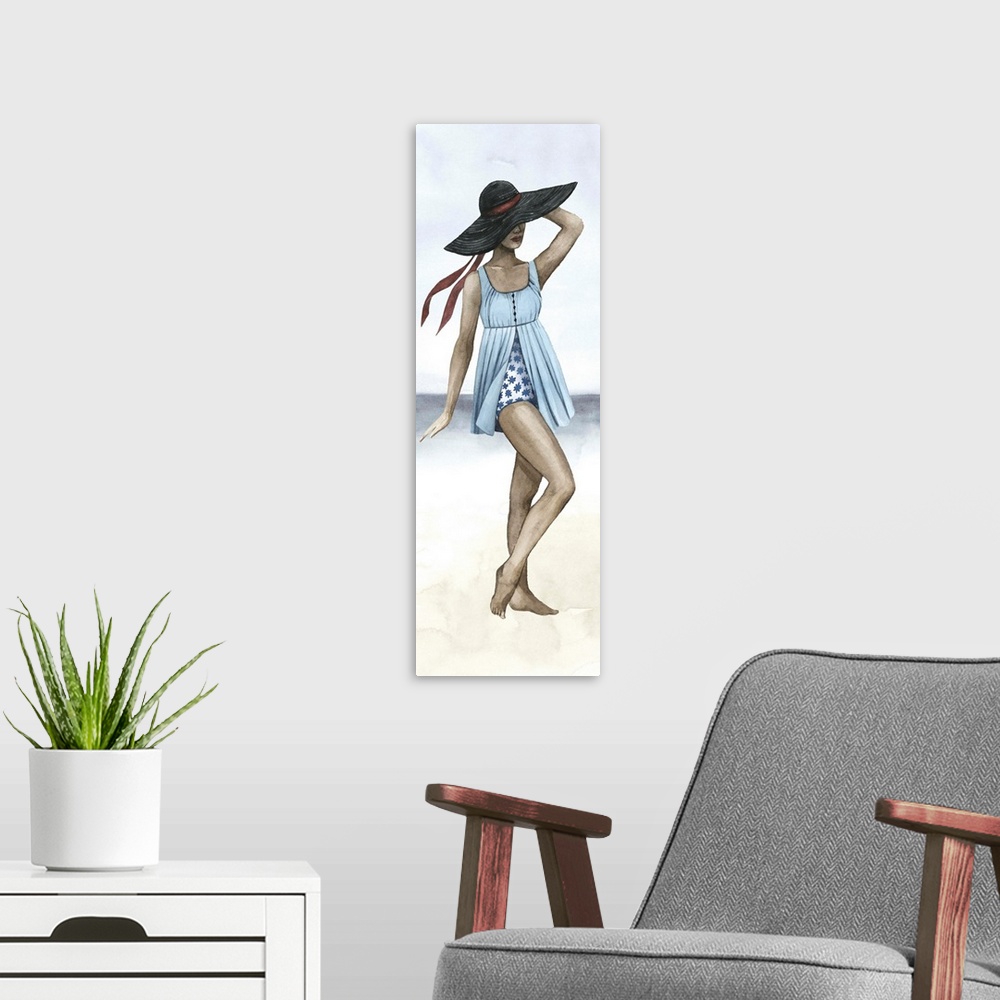 A modern room featuring Watercolor portrait of a beautiful woman wearing a large hat, posing on the beach.