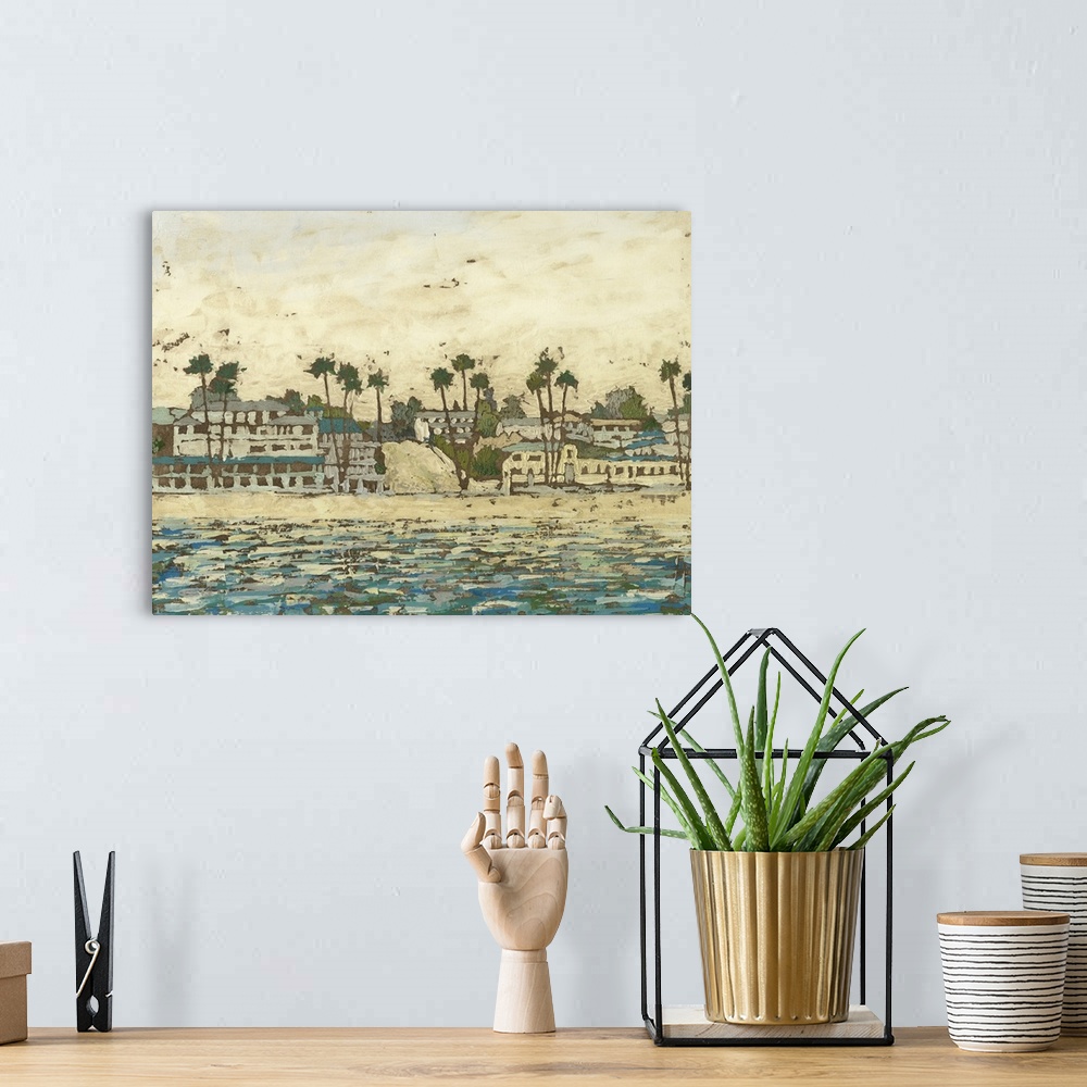 A bohemian room featuring Contemporary painting of a seaside town with lots of palm trees.