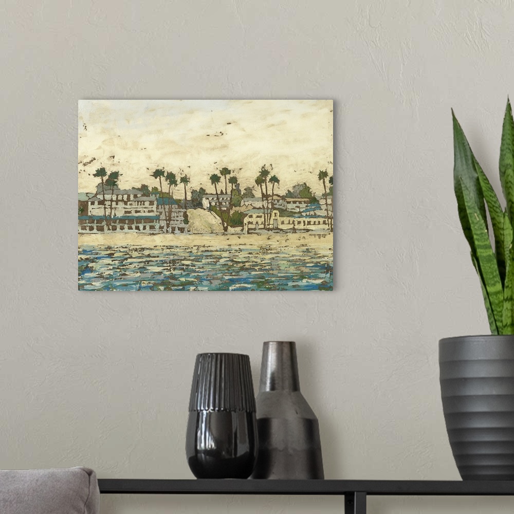 A modern room featuring Contemporary painting of a seaside town with lots of palm trees.