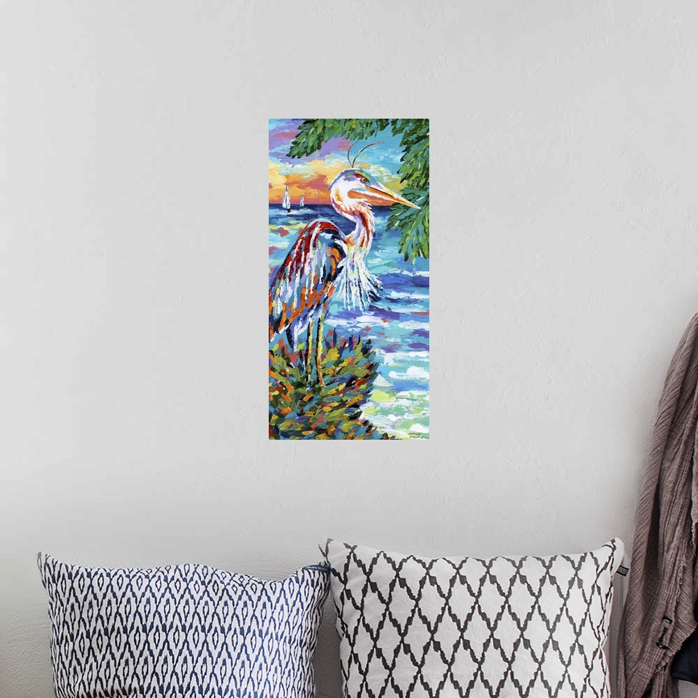 A bohemian room featuring Contemporary painting of a large heron at the edge of the ocean.