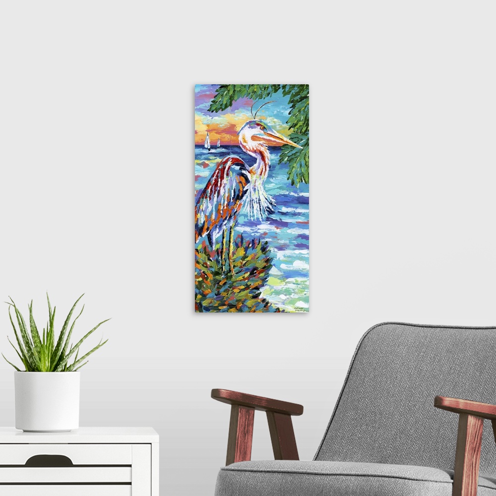 A modern room featuring Contemporary painting of a large heron at the edge of the ocean.