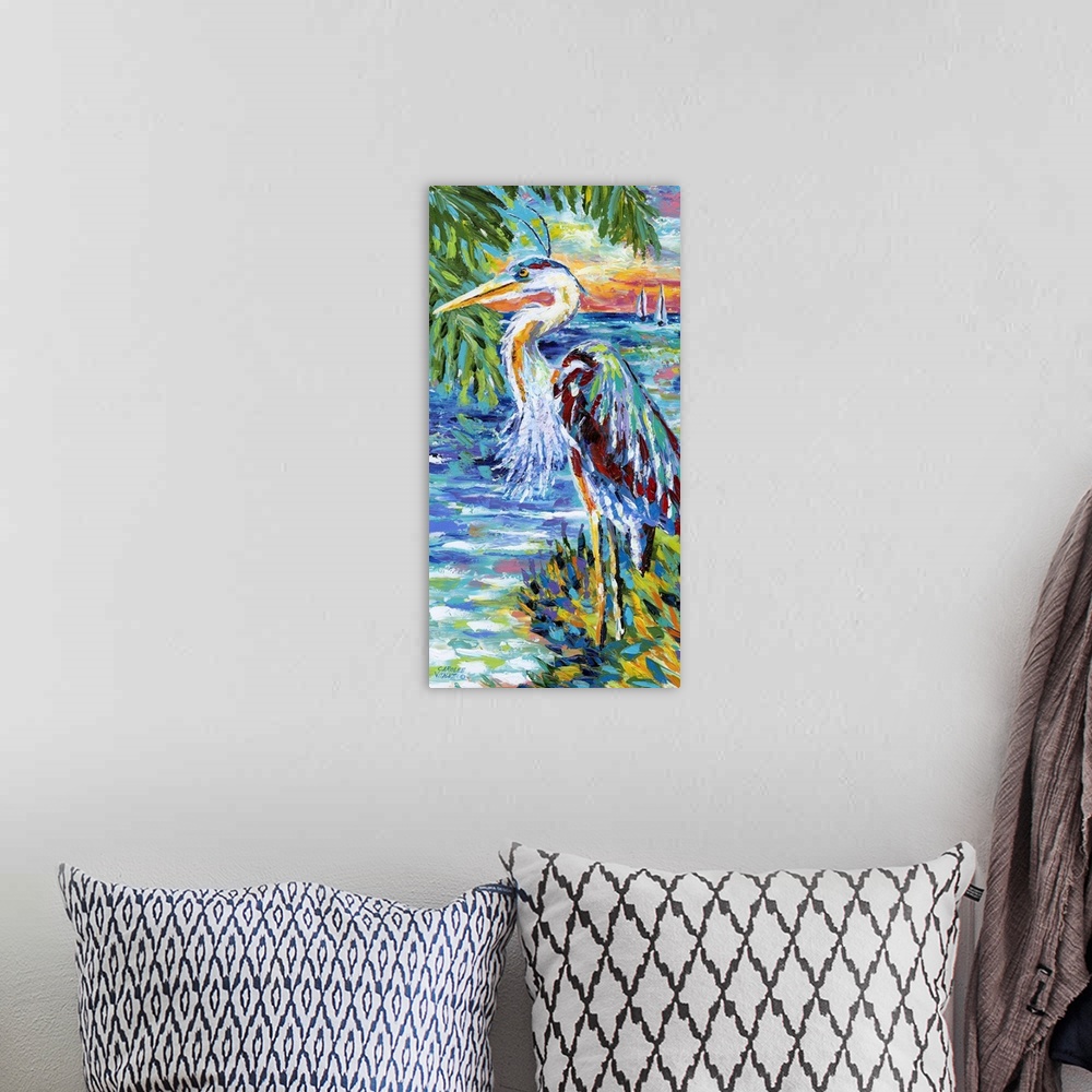 A bohemian room featuring Contemporary painting of a tropical ocean scene, with a heron on the shore under a palm tree.