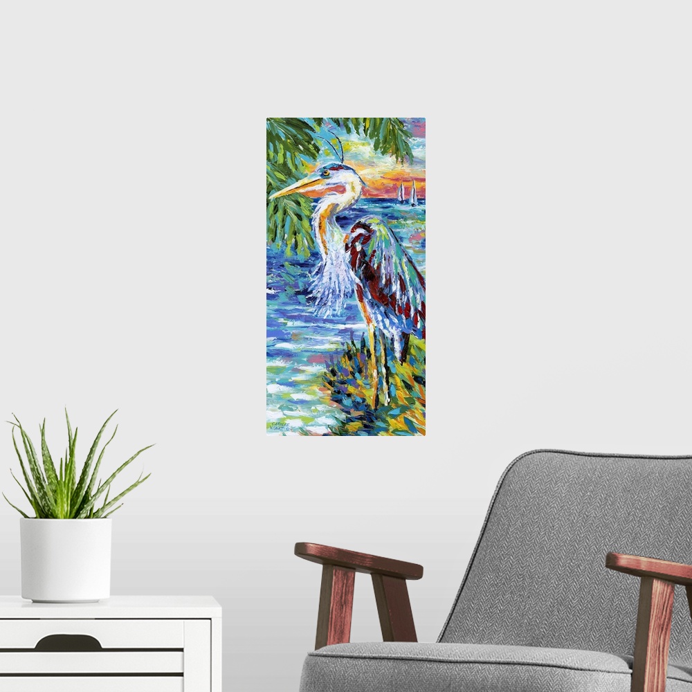 A modern room featuring Contemporary painting of a tropical ocean scene, with a heron on the shore under a palm tree.