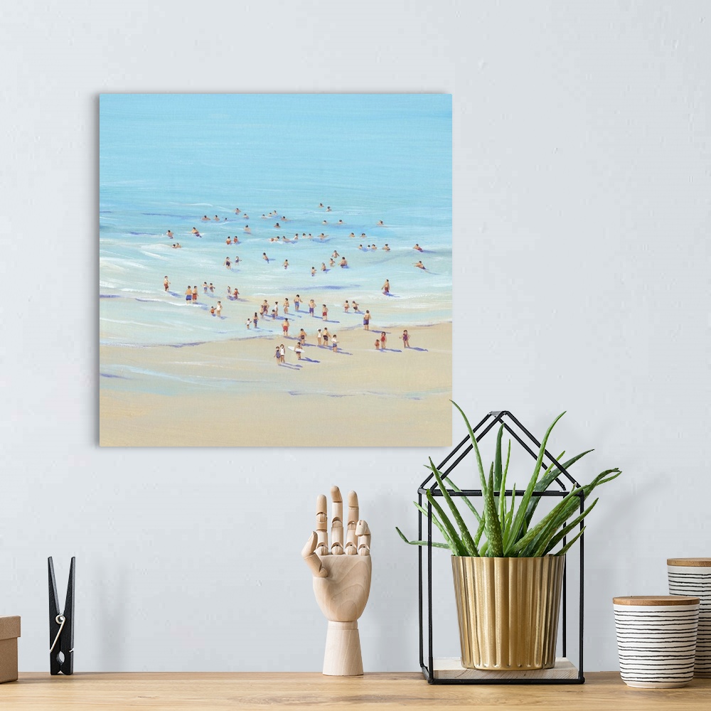 A bohemian room featuring Contemporary painting of an aerial view of people on a sandy beach.