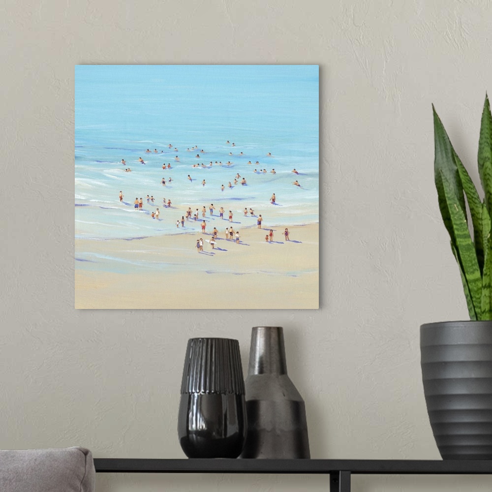 A modern room featuring Contemporary painting of an aerial view of people on a sandy beach.