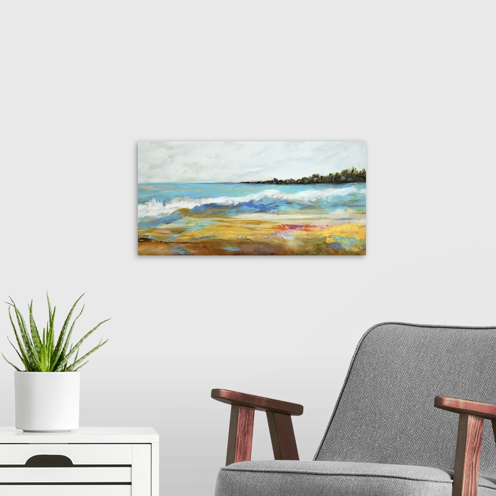A modern room featuring Contemporary artwork of waves of ocean water on a sandy beach.