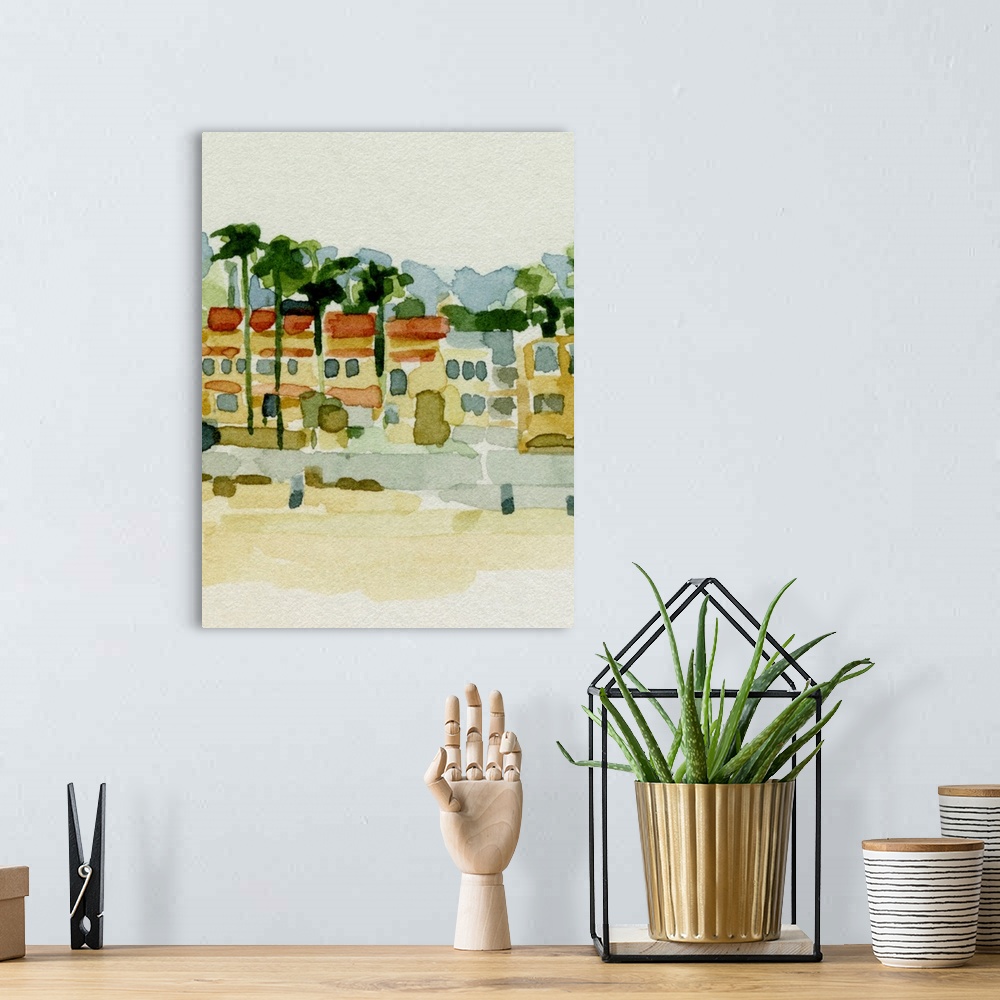 A bohemian room featuring A very simple, abstracted watercolor painting of row houses and palm trees with a beach in front