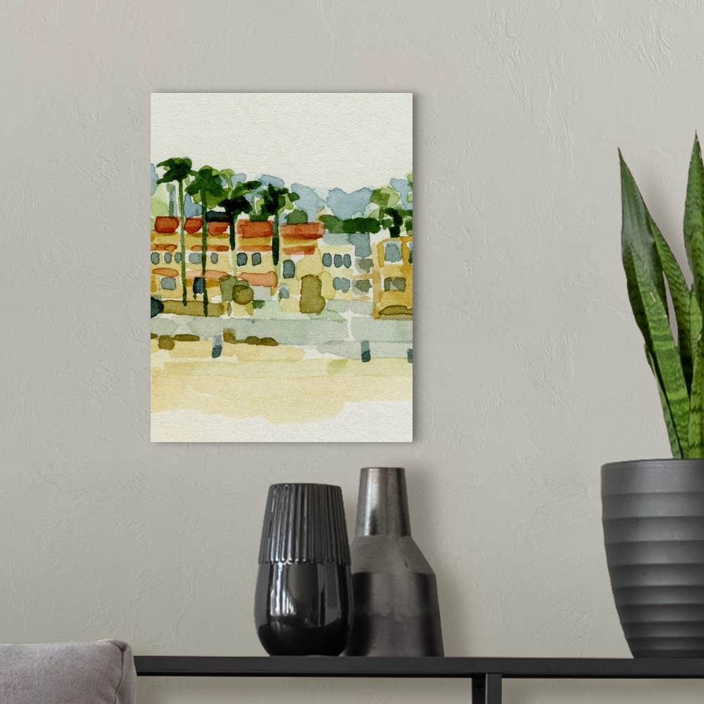 A modern room featuring A very simple, abstracted watercolor painting of row houses and palm trees with a beach in front