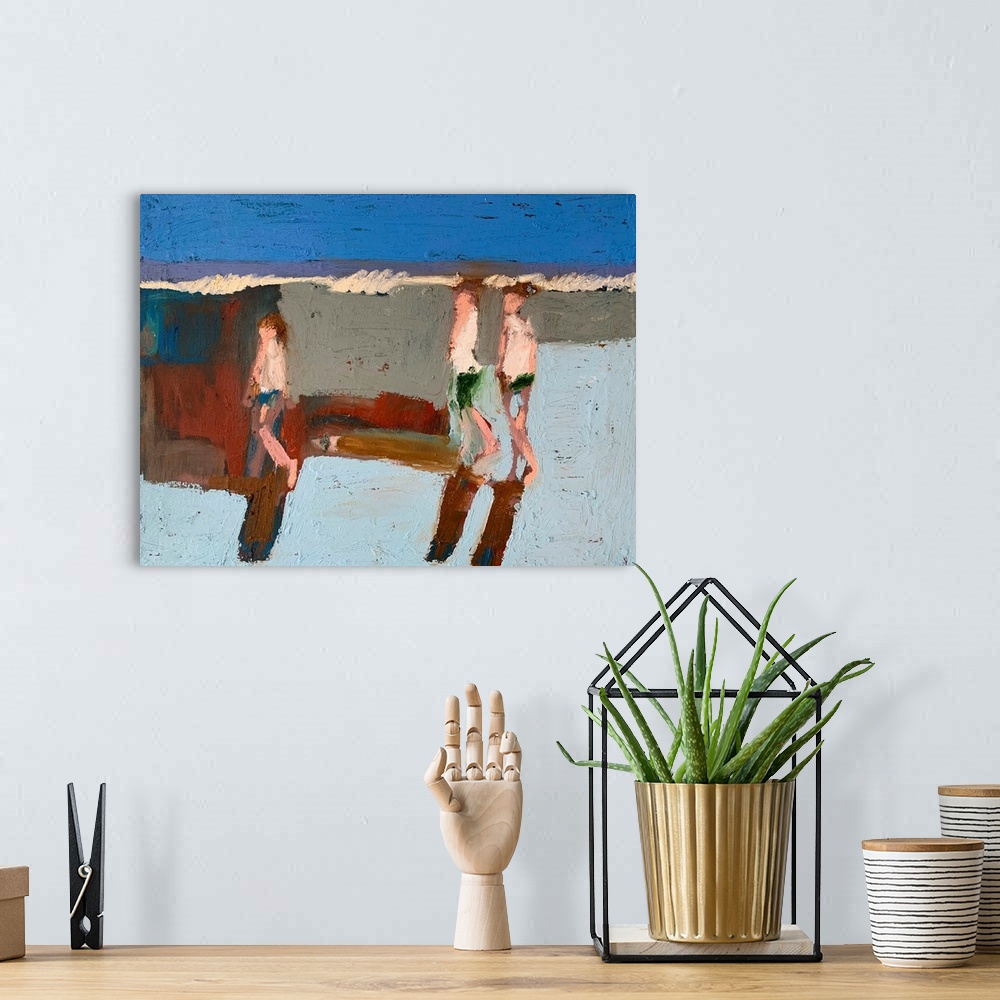 A bohemian room featuring A very blocky, abstracted contemporary painting of three figures walking in front of low waves tu...