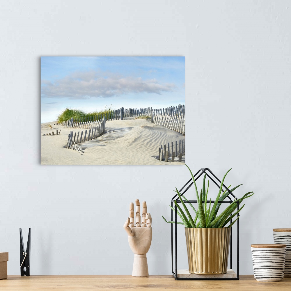 A bohemian room featuring Photograph with leading lines following the wooden fence on the sand dunes at the beach.