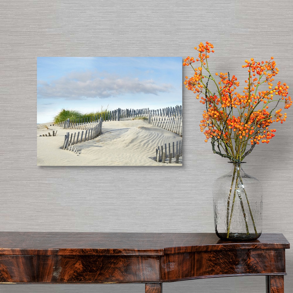 A traditional room featuring Photograph with leading lines following the wooden fence on the sand dunes at the beach.
