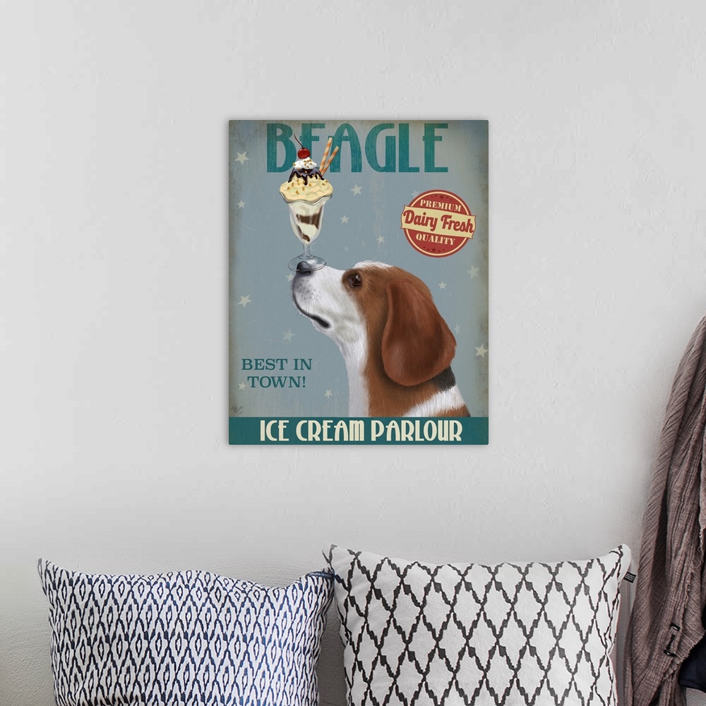 A bohemian room featuring Decorative artwork of a Beagle balancing an ice cream sundae on its nose in an advertisement for ...