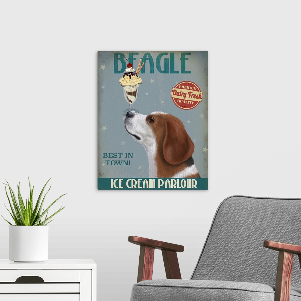 A modern room featuring Decorative artwork of a Beagle balancing an ice cream sundae on its nose in an advertisement for ...