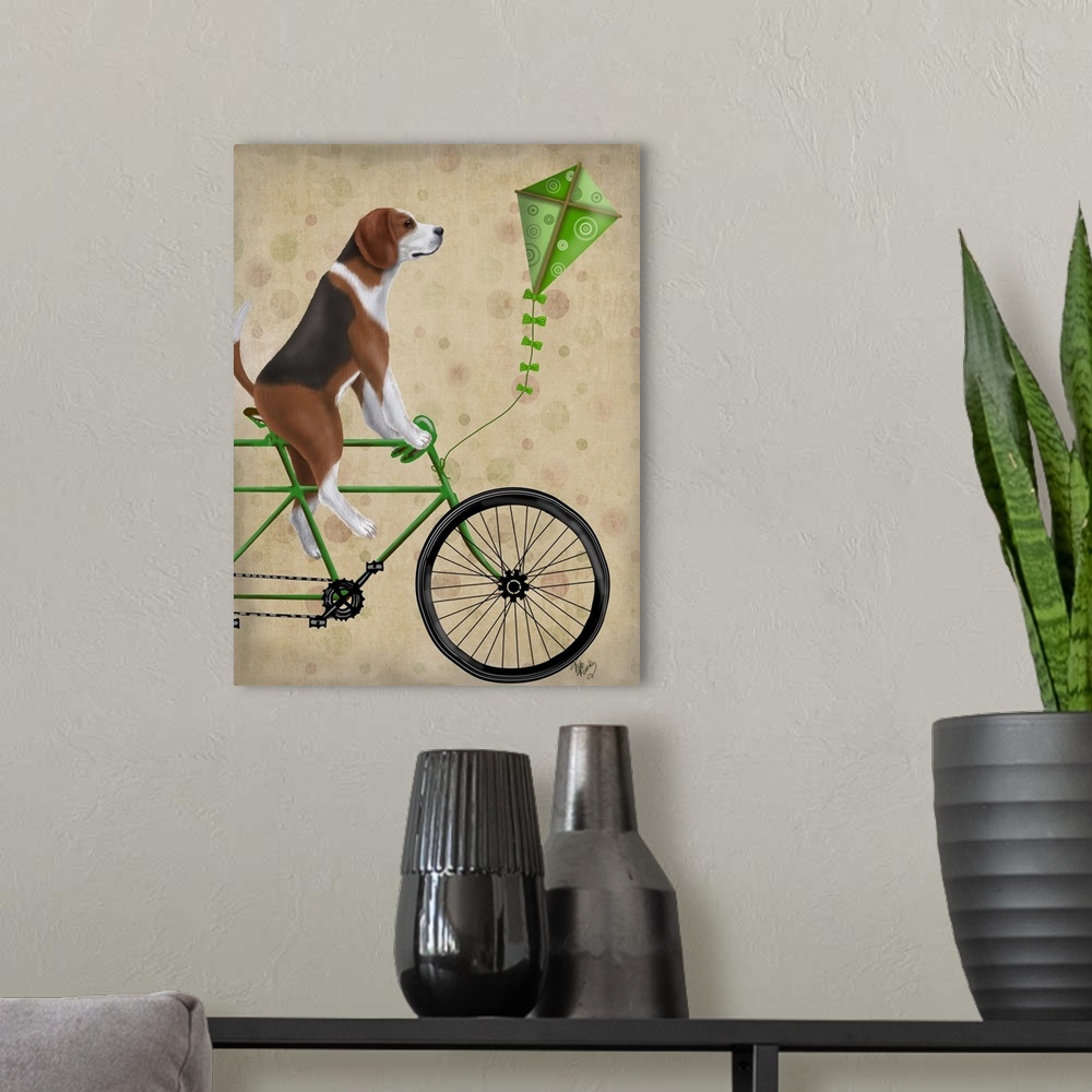 A modern room featuring Decorative artwork of a Beagle riding on a green bicycle with a green kite attached to the front.