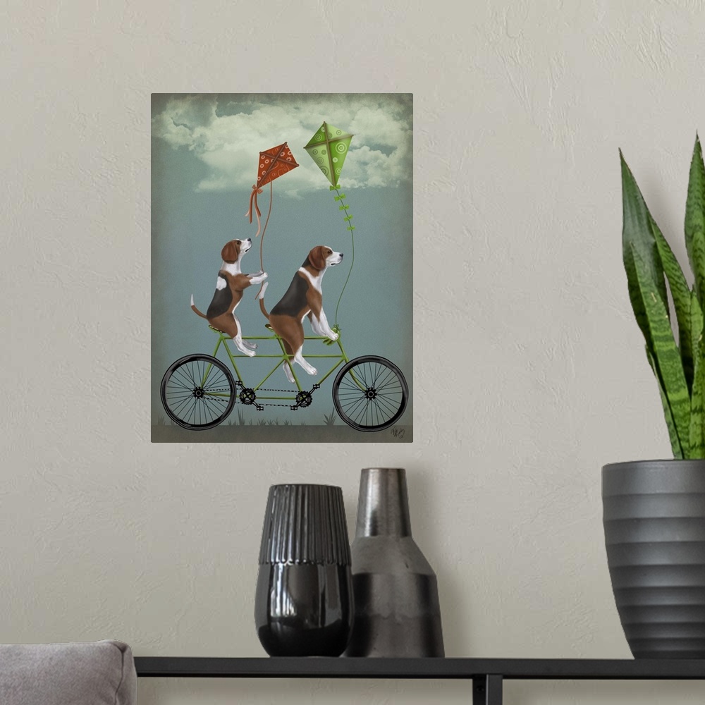 A modern room featuring Decorative artwork of two Beagles riding on a tandem bicycle with a green and red kites attached.